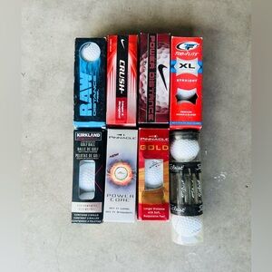 Assorted sleeves of old golf balls.